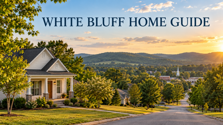 Illustrated White Bluff TN real estate questions guide showing a house, street and tree-covered hills