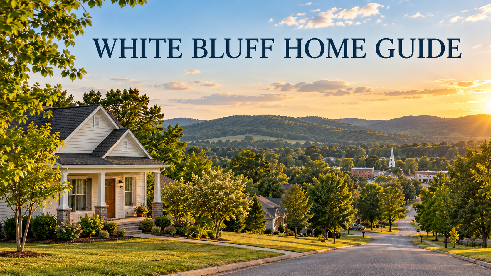 Illustrated White Bluff TN real estate questions guide showing a house, street and tree-covered hills