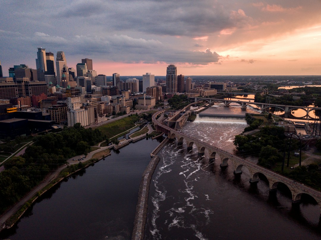 Aerial view of the Minneapolis riverfront