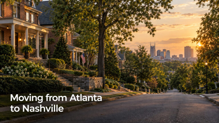 Nashville neighborhood skyline at sunset for an Atlanta to Middle Tennessee relocation guide.