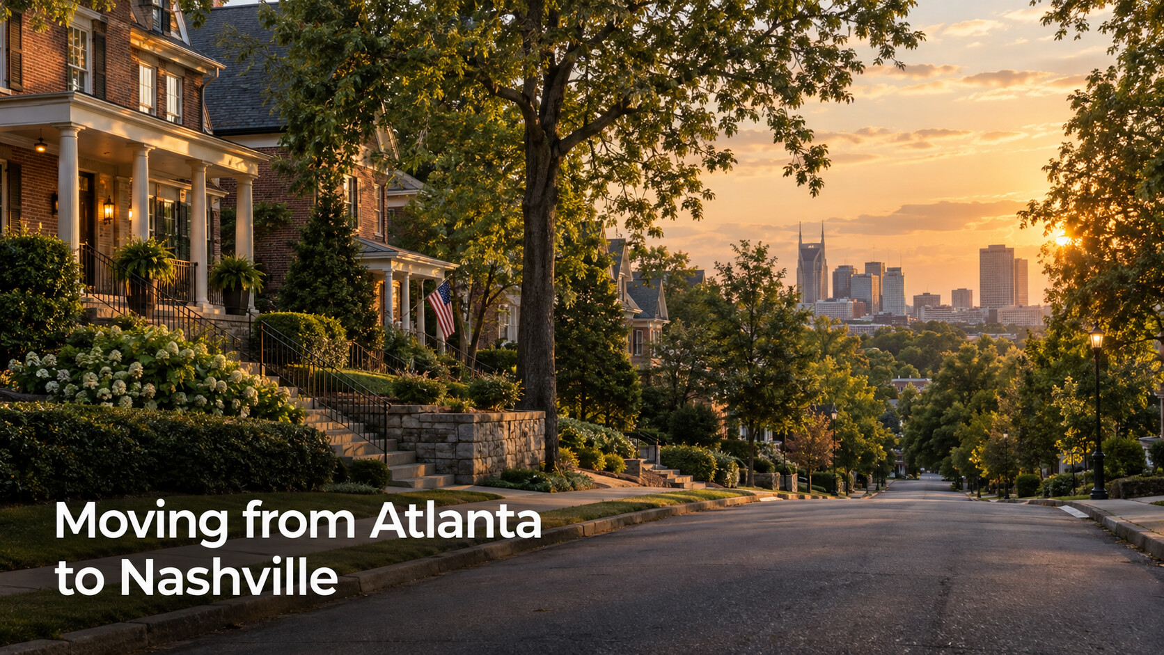 Nashville neighborhood skyline at sunset for an Atlanta to Middle Tennessee relocation guide.