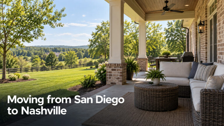 Covered porch overlooking a green Middle Tennessee yard for a San Diego to Nashville relocation guide.