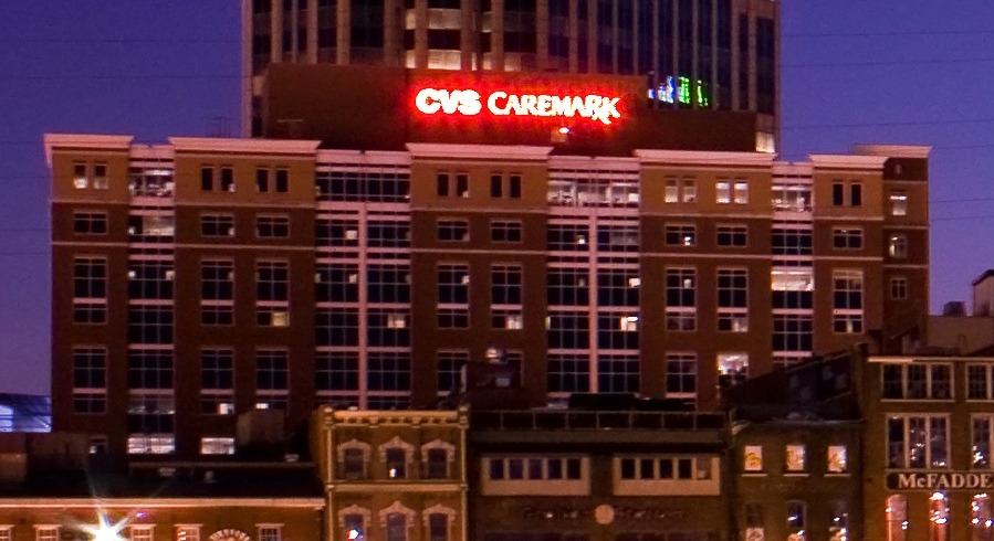 Commerce Center and downtown Nashville buildings illuminated at night