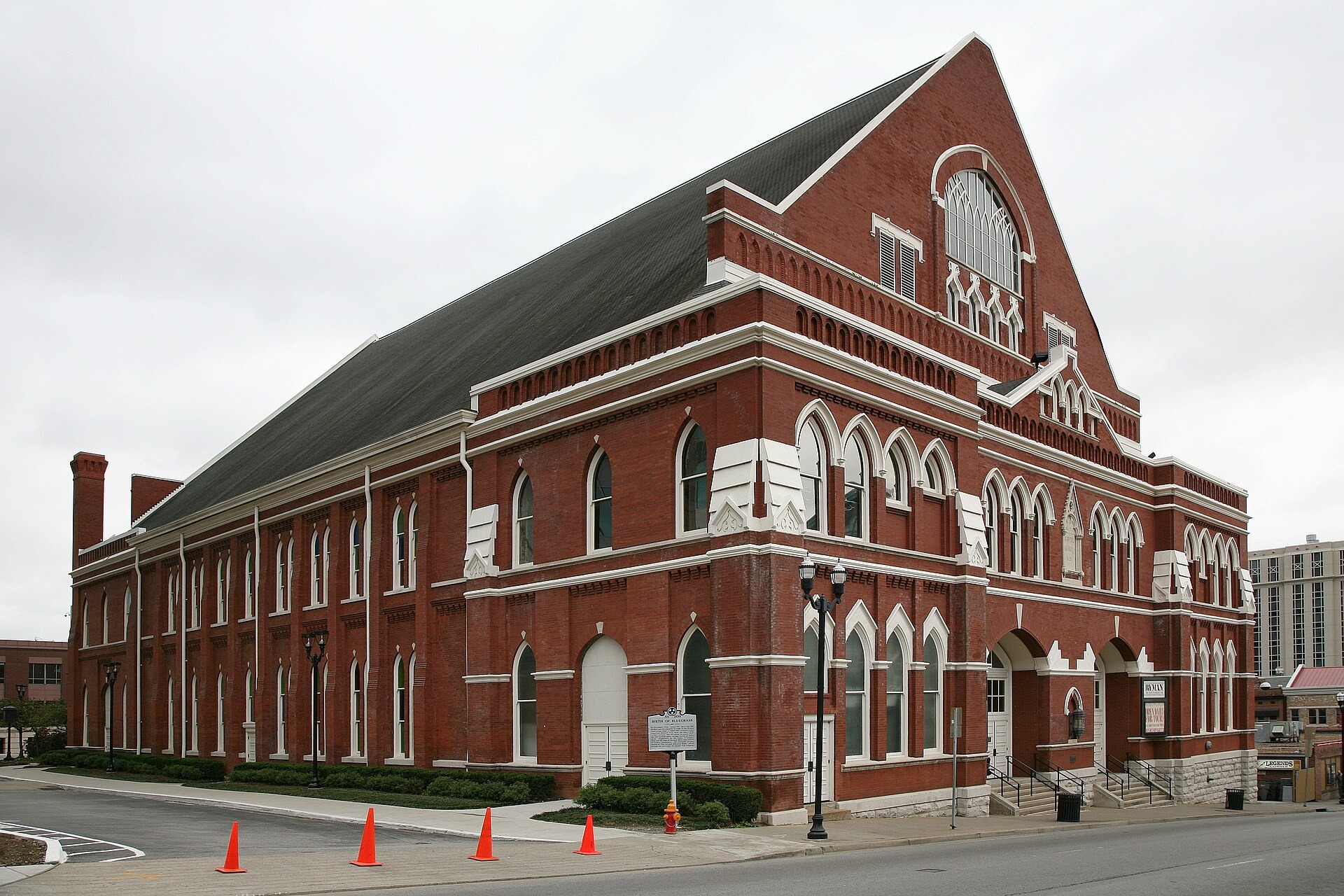 Brick exterior of the Ryman Auditorium in downtown Nashville