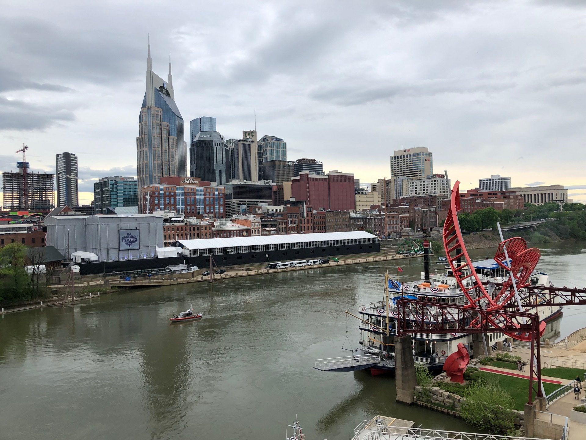 Downtown Nashville and the Cumberland River viewed from the John Seigenthaler Pedestrian Bridge