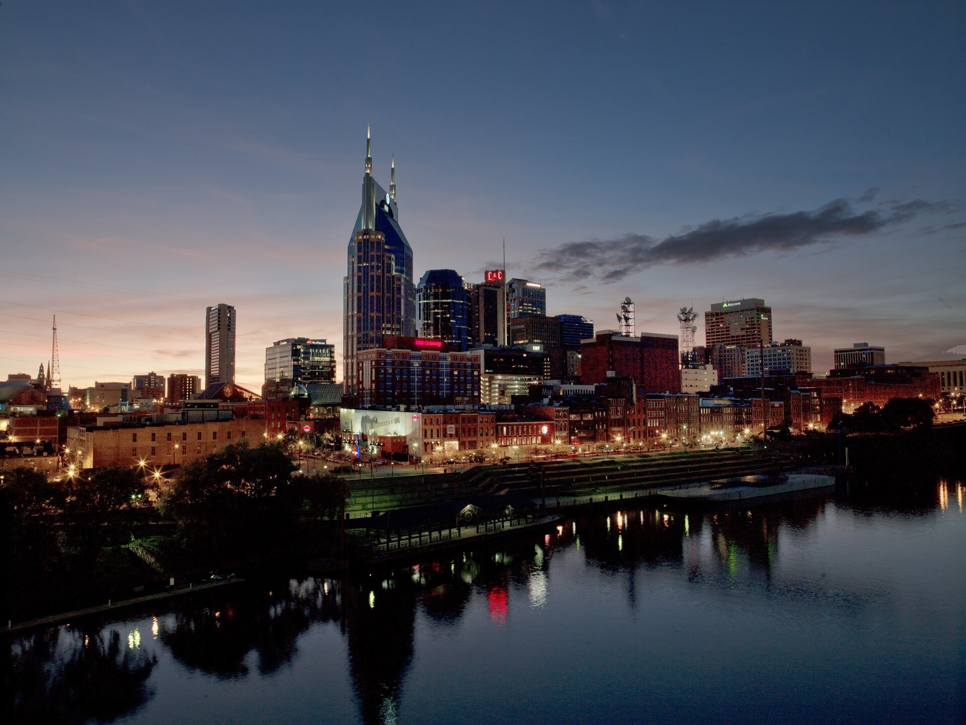Nashville skyline and downtown buildings viewed across the Cumberland River