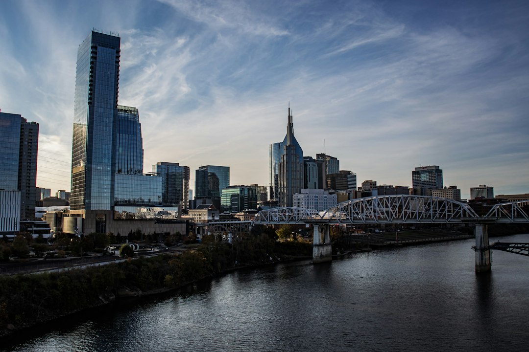 Downtown Nashville beside the Cumberland River; illustrative stock photo