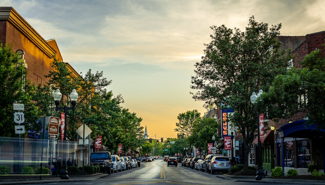 Tennessee street with parked vehicles; illustrative stock photo
