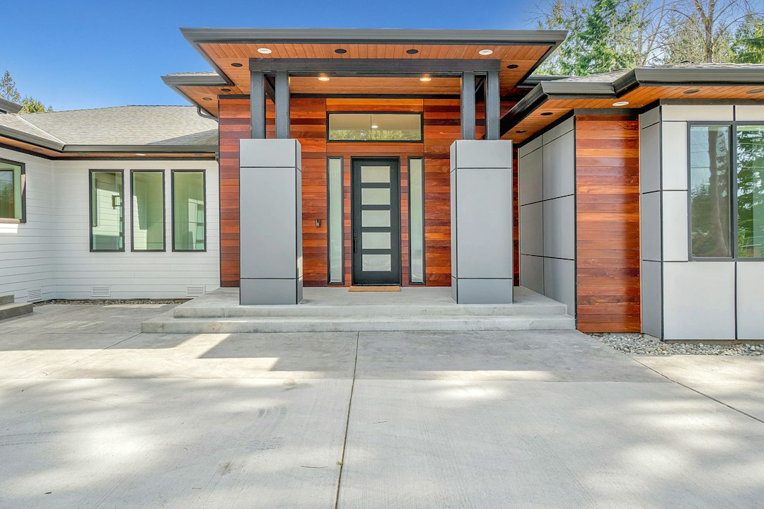 Contemporary detached house exterior; illustrative stock photo