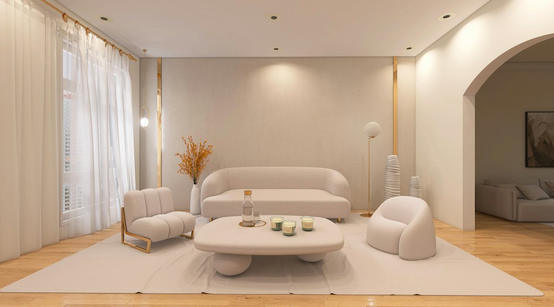 Modern living room with white furniture; illustrative stock photo