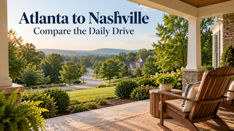 Illustration of a front porch overlooking a residential hillside, with an Atlanta to Nashville headline