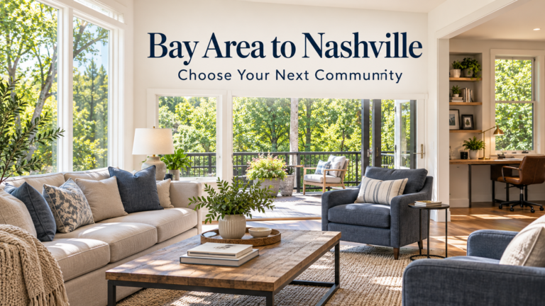 Illustration of a bright living room opening to a wooded patio, with a Bay Area to Nashville headline