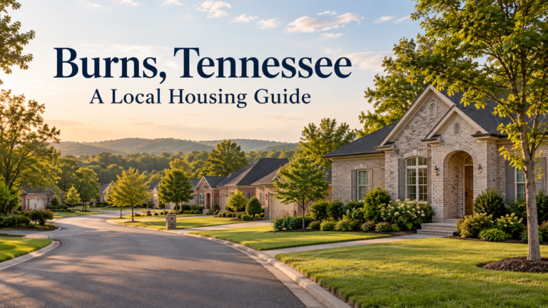 Illustration of detached houses along a curving residential street, with a Burns Tennessee housing guide headline
