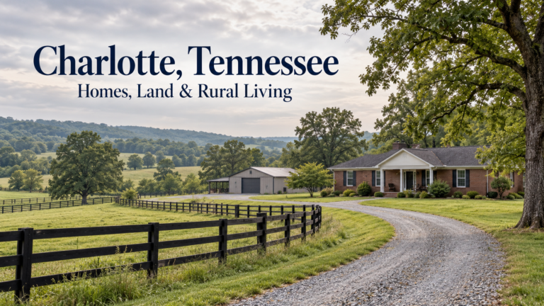 Illustration of a rural home beside a curved gravel driveway and fenced pasture, with a Charlotte Tennessee headline