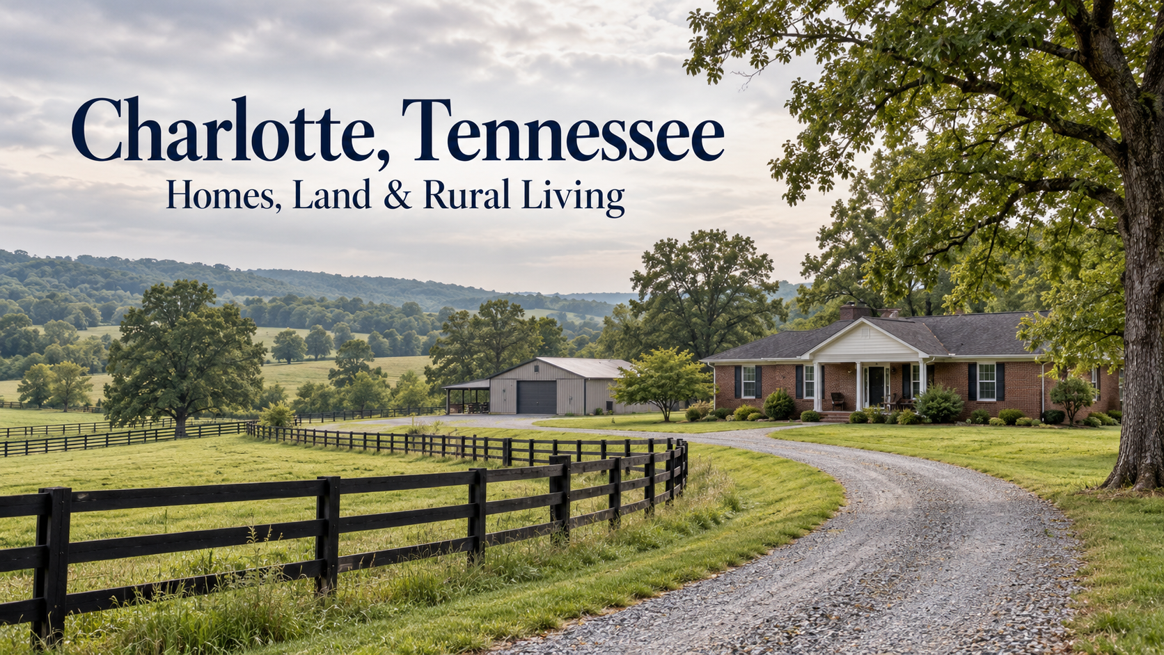 Illustration of a rural home beside a curved gravel driveway and fenced pasture, with a Charlotte Tennessee headline