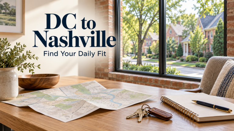 Illustration of maps and house keys on a desk overlooking a residential street, with a DC to Nashville headline