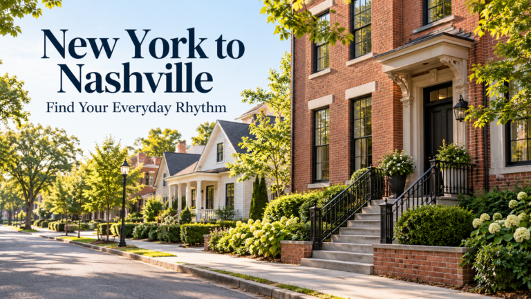 Illustration of a brick townhome and porch-front houses along a sidewalk, with a New York to Nashville headline