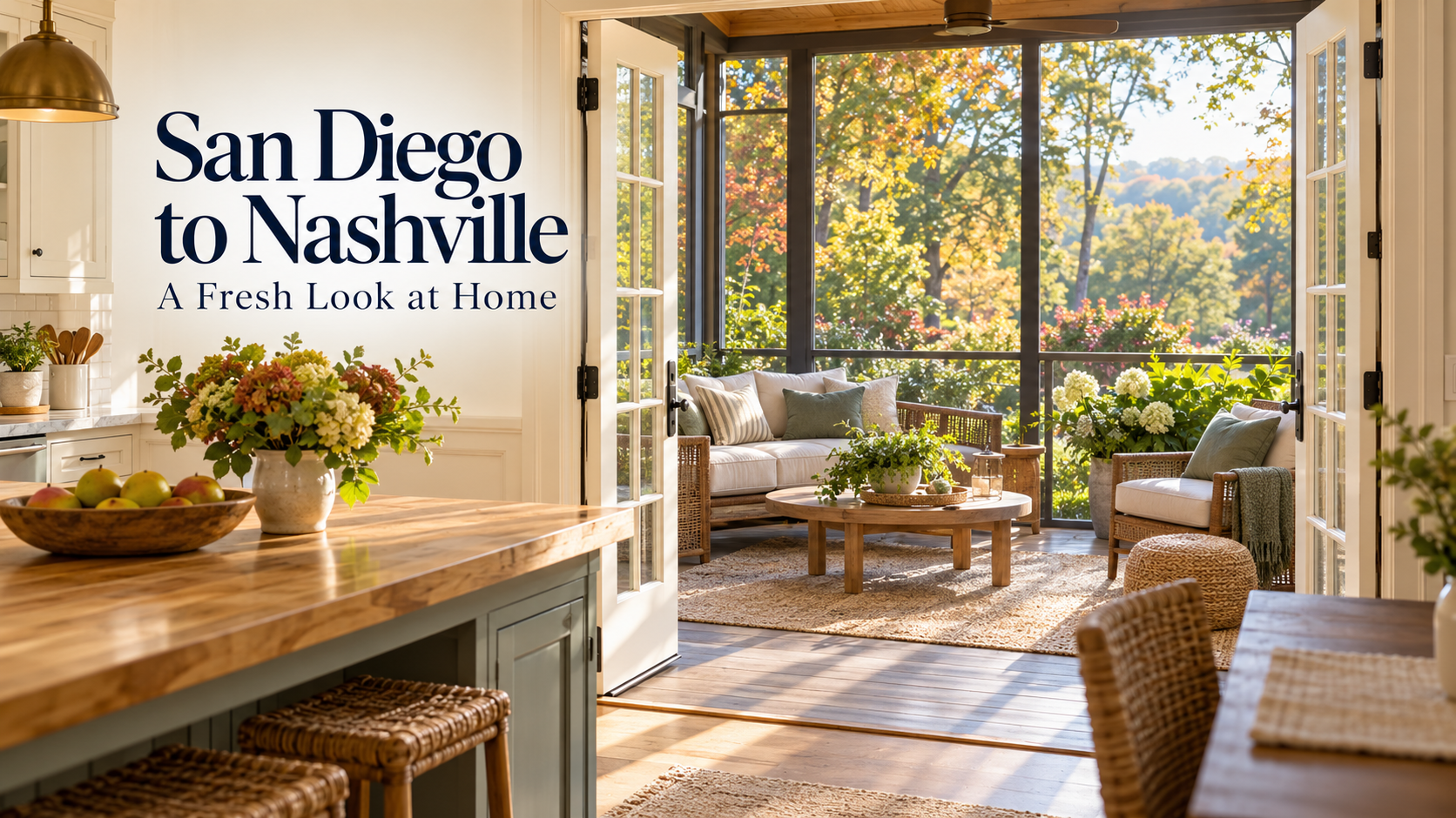 Illustration of a kitchen opening onto a screened porch, with a San Diego to Nashville headline