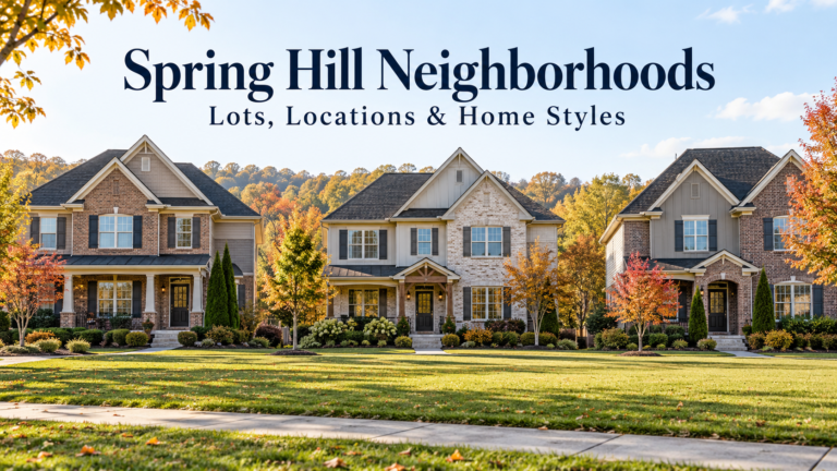 Illustration of three detached houses with broad lawns and autumn trees, with a Spring Hill neighborhoods headline