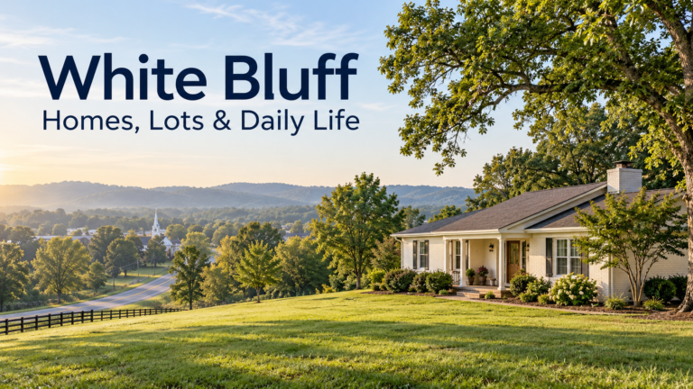 Illustration of a porch-front house, broad lawn and wooded hills, with a White Bluff homes and lots headline